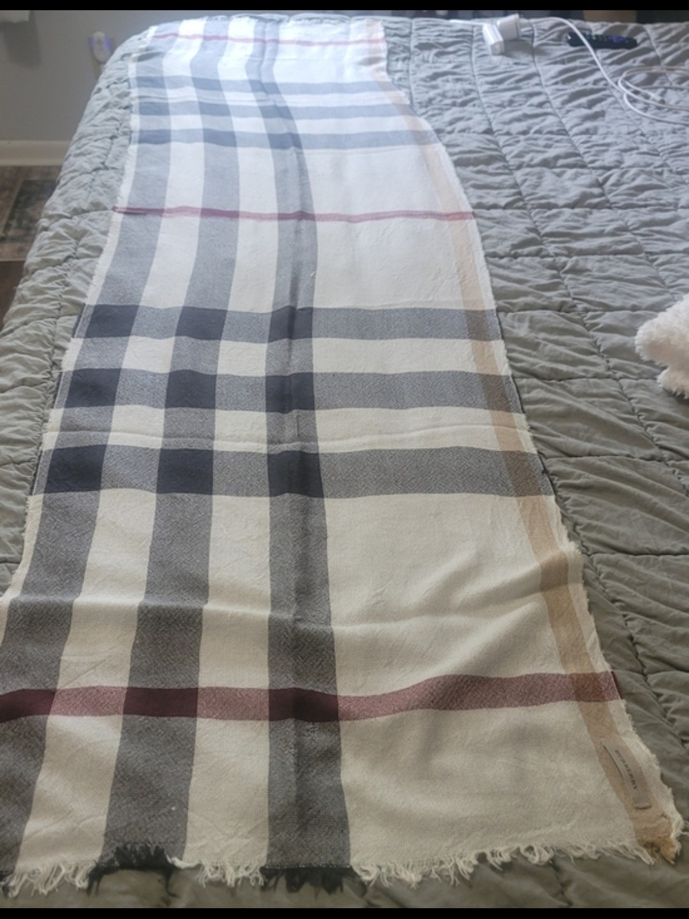 Burberry Ivory Plaid Scarf with Gray and Taupe Stripes Vintage